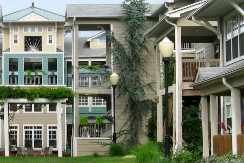 Three-story apartment buildings in Takoma Village, a cohousing complex in Washington, D.C.